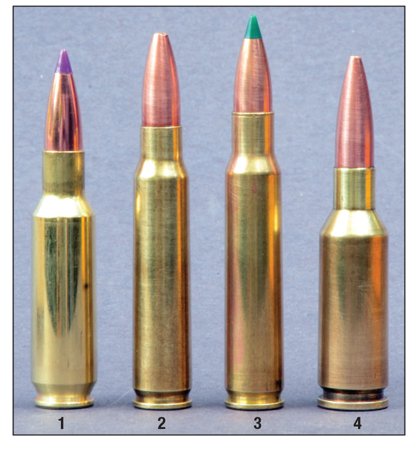 The powder capacity similar to those of other accuracy cartridges. Cartridges include: (1) .24 Nosler, (2) 6x45mm, (3) 6x47mm and (4) 6mm PPC.
